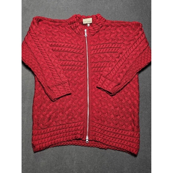 Connemara Knitwear Cardigan XL Red 100% Merino Wool Made Ireland Cable Knit Zip - Picture 1 of 7